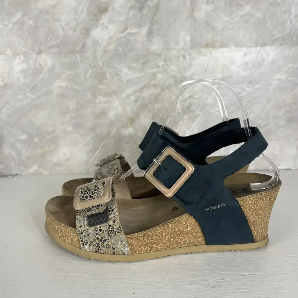 Mephisto Lissia Navy Wedge Comfort Sandal Women's Size 9.5